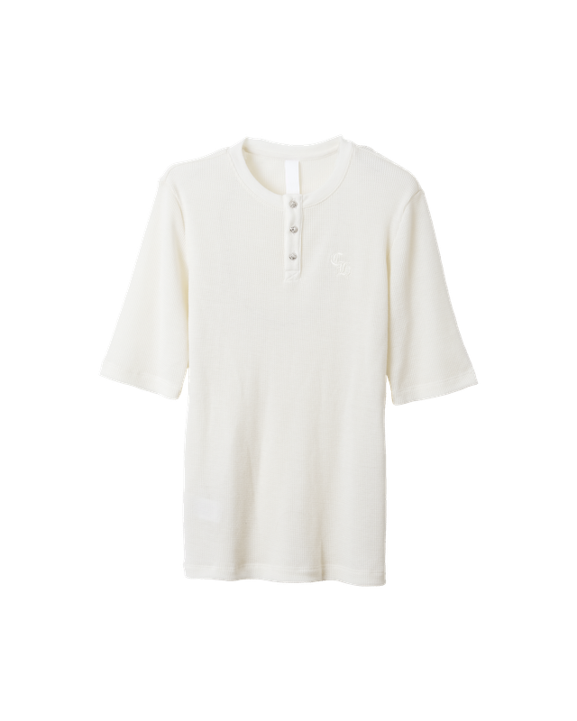 HENLEY SHORT SLEEVE BUTTON UP/LOGO EMBROIDERED/BEIGE
